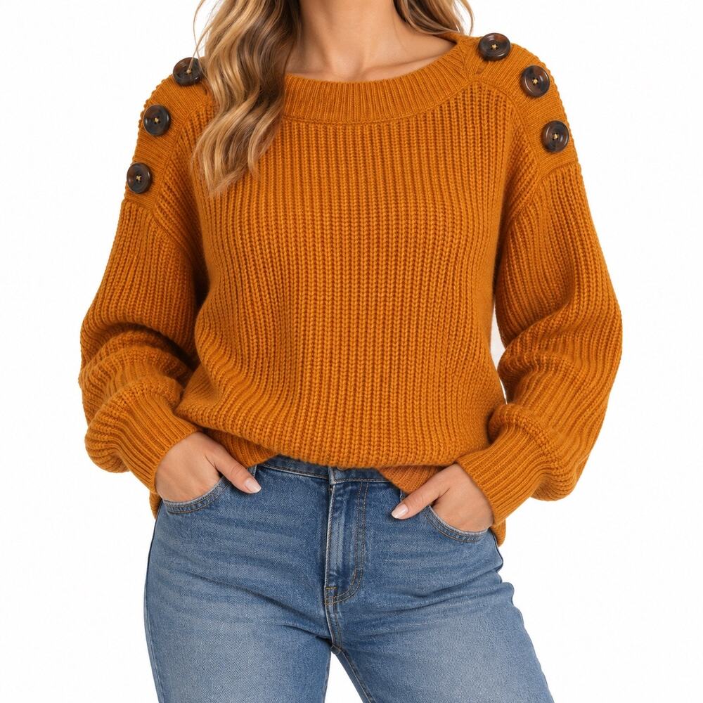 Philosophy pullover mustard yellow sweater with button shoulder detail. Women M